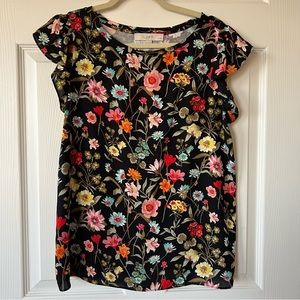 Loft Black Flutter Sleeve Top with Color Floral Print